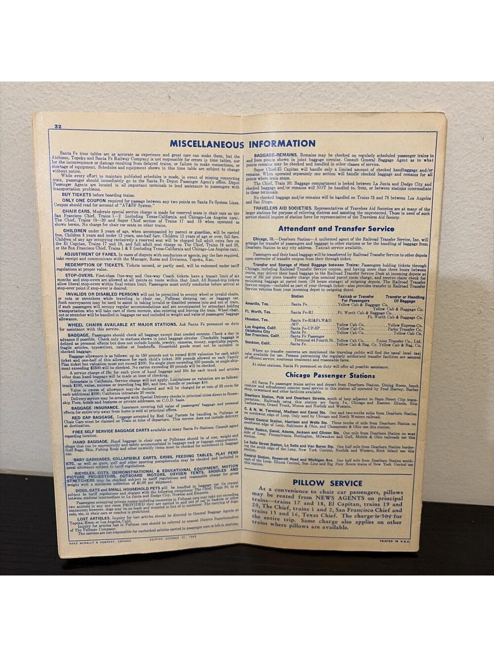 Vintage Fall 1965 Santa Fe Passenger Train Time Table